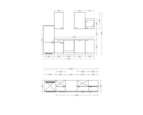 Zeichnung einer Küche mit Maßen für die Küchenplanung