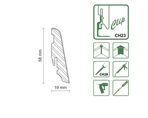 Baguette profilée de 58 mm de haut et 19 mm de large, avec symboles de montage.