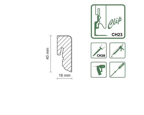 Section transversale du profilé avec dimensions et symboles de fixation
