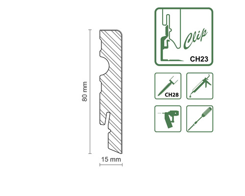 Tringle profilée de 80 x 15 millimètres avec symboles de fixation