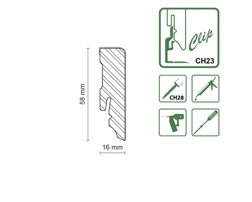 Baguette profilée de dimensions 58 mm x 16 mm et symboles pour les méthodes de fixation