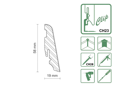Profilleiste mit den Maßen 58 mm x 19 mm und Symbolen zur Montage