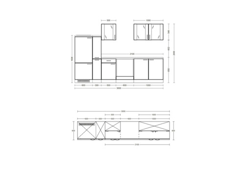Schéma d''une kitchenette avec dimensions pour la planification de la cuisine