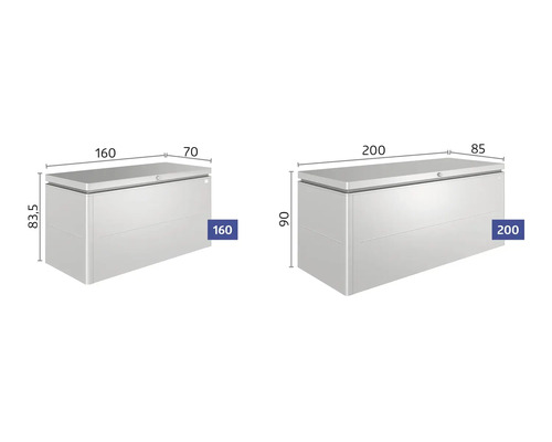 Illustration de deux coffres de rangement de différentes tailles avec des dimensions