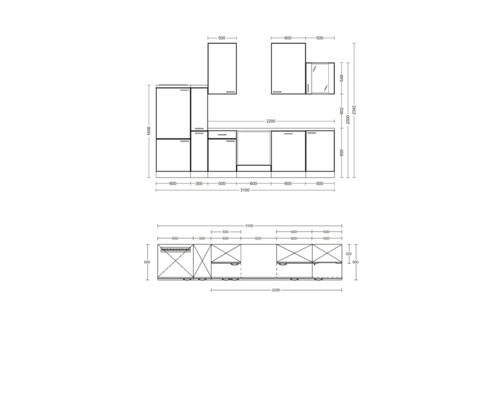 Technische Zeichnung einer Küche mit Maßen