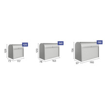 Drei Rollcontainer mit verschiedenen Grössenangaben.