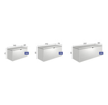 Image de trois coffres de rangement avec indication des dimensions