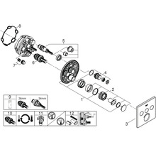Explosionszeichnung einer Armatur mit Einzelteilen und Bemaßungen