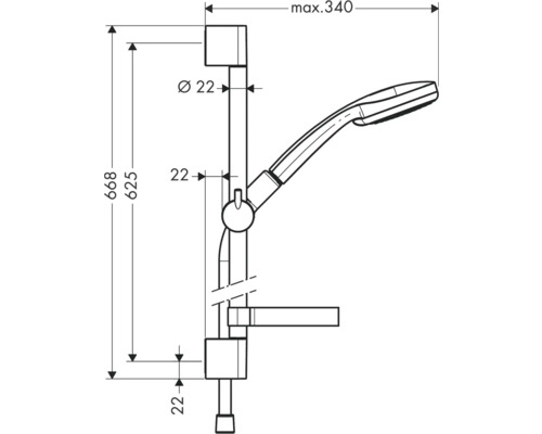 Technische Zeichnung einer Duschstange mit Handbrause und Maßangaben