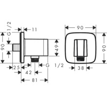 Technische Zeichnung eines Eckventils mit Maßangaben