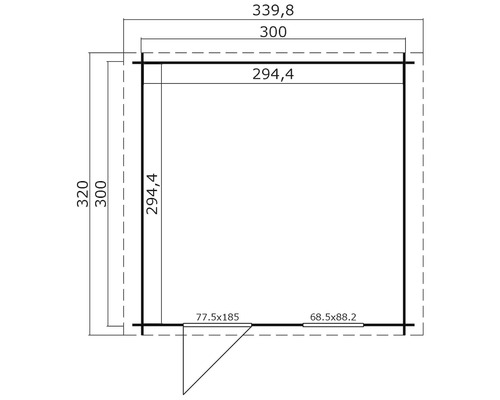 Grundrisszeichnung eines Gartenhauses mit Massangaben