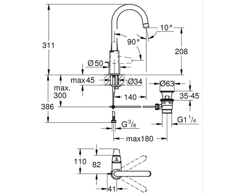 Schéma technique d''un robinet avec indications de dimensions