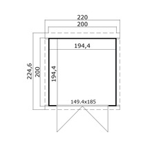 Plan d''un abri de jardin mesurant 224,6 sur 220 centimètres.