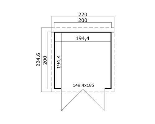 Grundrisszeichnung eines Gartenhauses mit den Massen 224,6 mal 220 Zentimeter.