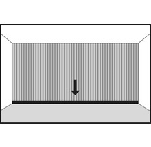 Représentation d''une pièce avec un mur à rayures verticales et une flèche vers le bas