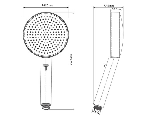 Schéma technique d''une pomme de douche avec dimensions