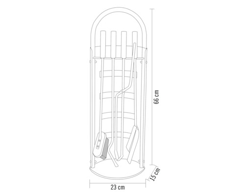 Dimensions d''un serviteur de cheminée avec accessoires, hauteur 66 centimètres, largeur 23 centimètres, profondeur 15 centimètres