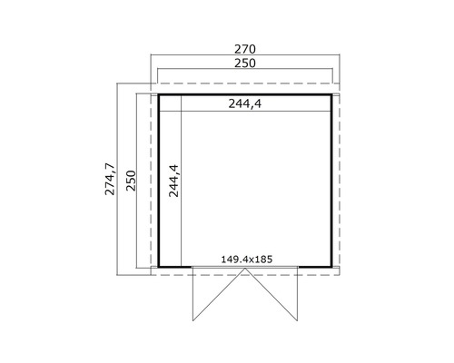 Grundriss eines Gartenhauses mit Massangaben.