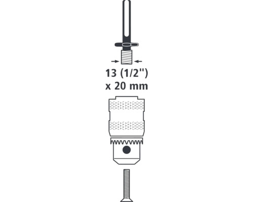 Darstellung eines Bohrfutter mit den Maßen 13 (1/2 Zoll) mal 20 Millimeter.