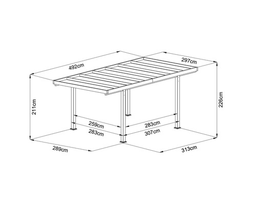 Dimensions du pavillon : 492 centimètres de large, 297 centimètres de profondeur et 226 centimètres de haut
