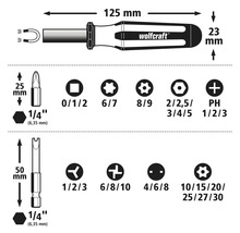 Tournevis Wolfcraft avec embouts et indication des tailles