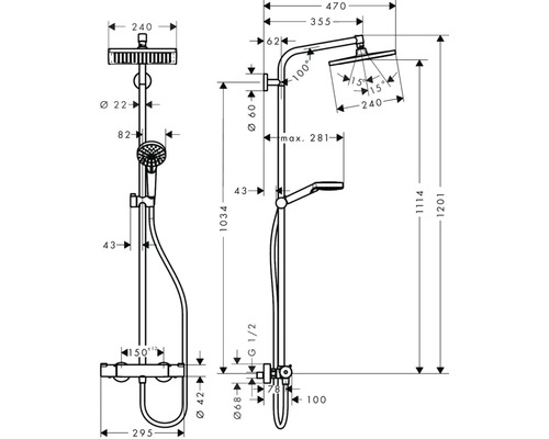 Dessin technique d''un ensemble de douche avec dimensions