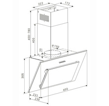 Schéma technique d''une hotte aspirante avec indications de dimensions.