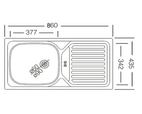 Dessin technique d''un évier de cuisine avec les dimensions 860, 435 et 377 millimètres.