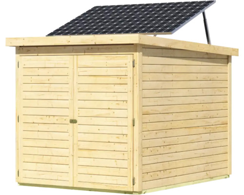 Abri de jardin en bois avec double porte et installation solaire sur le toit