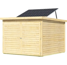 Abri de jardin en bois avec module solaire sur le toit