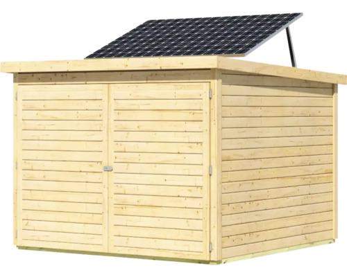 Abri de jardin en bois avec module solaire sur le toit