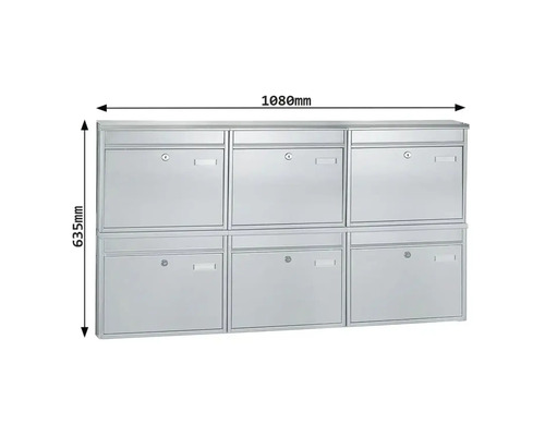Installation de boîte aux lettres avec six compartiments et dimensions de 1080 mm sur 635 mm