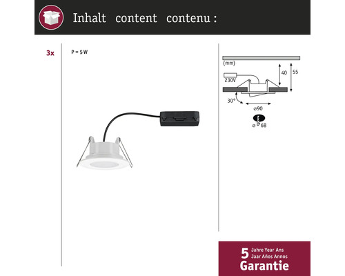 Packung mit drei Einbaustrahlern mit technischen Zeichnungen und Garantieinformationen