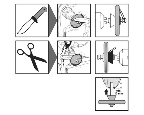 Illustration de l''utilisation d''un accessoire de meulage pour affûter les couteaux et les ciseaux