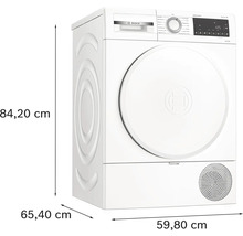 Sèche-linge à pose libre avec des dimensions de 84,20 cm de hauteur, 65,40 cm de profondeur et 59,80 cm de largeur.