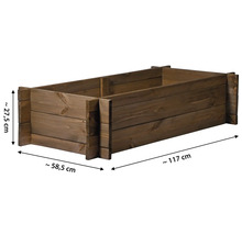 Holz Pflanzkasten mit den Maßen circa 117 cm Länge, circa 58,5 cm Breite und circa 27,5 cm Höhe.