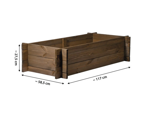 Jardinière en bois avec des dimensions d''environ 117 cm de longueur, environ 58,5 cm de largeur et environ 27,5 cm de hauteur.