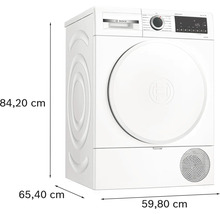 Sèche-linge pompe à chaleur Bosch indépendant avec des dimensions de 84,20 x 59,80 x 65,40 cm.