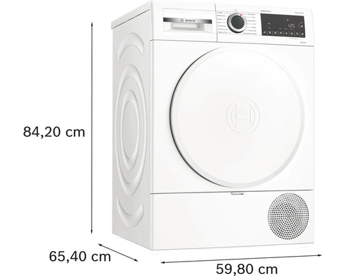 Sèche-linge pompe à chaleur Bosch indépendant avec des dimensions de 84,20 x 59,80 x 65,40 cm.