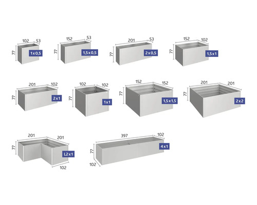 Aperçu des différents bacs à plantes avec indications de dimensions