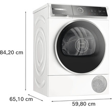 Sèche-linge à pompe à chaleur Bosch avec les dimensions de 84,20 cm de hauteur, 65,10 cm de profondeur et 59,80 cm de largeur.
