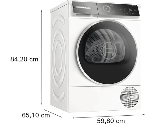 Bosch Wärmepumpentrockner mit den Maßen 84,20 cm Höhe, 65,10 cm Tiefe und 59,80 cm Breite.
