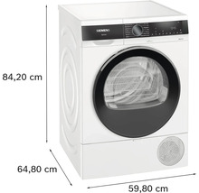 Sèche-linge pompe à chaleur Siemens avec des dimensions de 84,20 cm de hauteur, 64,80 cm de profondeur et 59,80 cm de largeur.