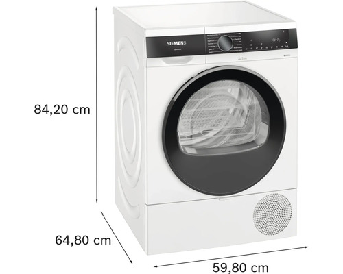 Siemens Wärmepumpentrockner mit den Maßen 84,20 cm Höhe, 64,80 cm Tiefe und 59,80 cm Breite.