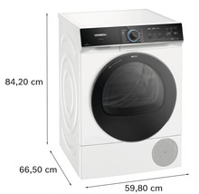 Sèche-linge Siemens avec des dimensions de 84,20 cm de hauteur, 66,50 cm de profondeur et 59,80 cm de largeur.