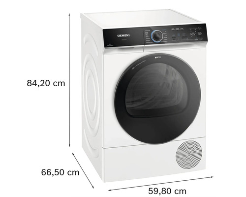 Siemens Wäschetrockner mit den Maßen 84,20 cm Höhe, 66,50 cm Tiefe und 59,80 cm Breite.