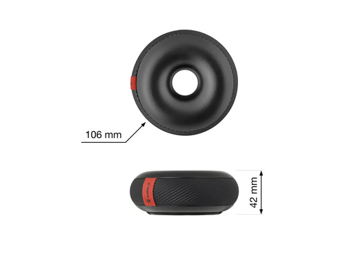 Abbildung eines schwarzen Sitzkissens mit den Maßen 106 mm Durchmesser und 42 mm Höhe