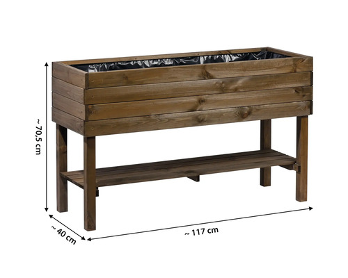 Hochbeet aus Holz mit Ablage und den Maßen circa 117 mal 40 mal 70,5 Zentimeter