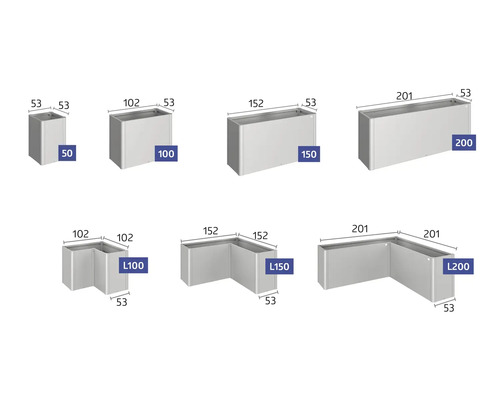 Différents modèles de bacs à fleurs avec dimensions