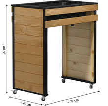 Pflanztisch aus Holz mit Rollen und den Maßen 88 x 47 x 77 Zentimeter.